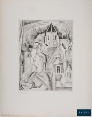 an image of a drawing of a woman in front of a house