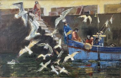tableau représentant un groupe de mouettes survolant un bateau à l'eau