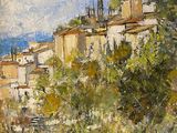 une peinture à l'huile représentant un village situé sur une colline, avec une église en arrière-plan