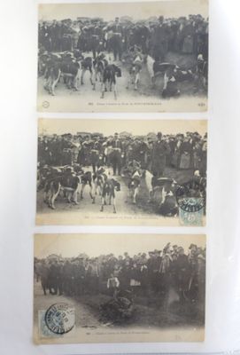 trois vieilles photos en noir et blanc représentant des chevaux et des personnes dans un champ