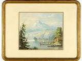 une image représentant un tableau d'un lac avec une montagne en arrière-plan