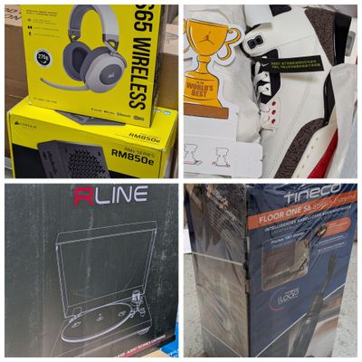 quatre photos différentes d'une boîte sur laquelle est posé un casque audio