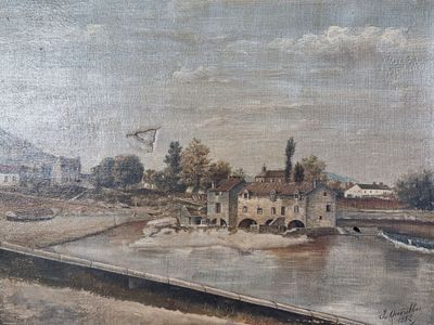 une peinture représentant un bateau sur l'eau près d'un bâtiment