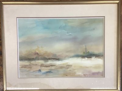 une image représentant une peinture d'une scène de plage avec un phare au loin