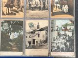 several old photos of people and horses in front of a building