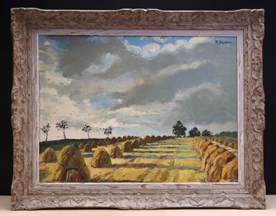an oil painting of a field with hay bales and trees in the distance