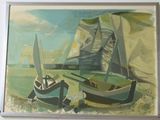 un tableau représentant deux bateaux sur la plage, au bord de l'eau