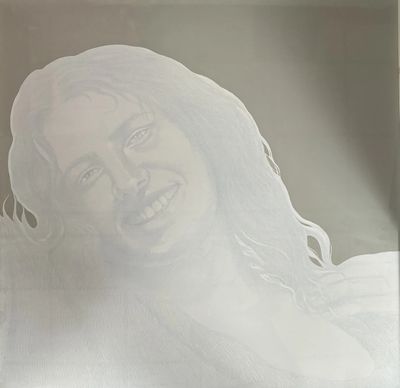 a drawing of a woman with long hair smiling
