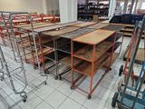 many tables and carts in a room with a lot of shelves