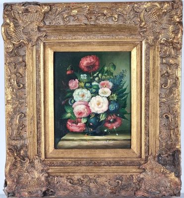 an oil painting of flowers in a gold frame on a table