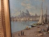 a painting of a harbor scene with boats on the water