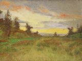 une peinture à l'huile représentant un champ avec des arbres et de l'herbe