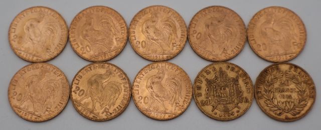 Dix pièces de monnaie en or à valeur faciale de vingt francs (dif...