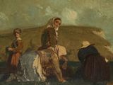 tableau représentant trois personnes à cheval dans un champ, avec une montagne en arrière-plan