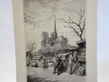 a black and white drawing of a street scene with a church in the background