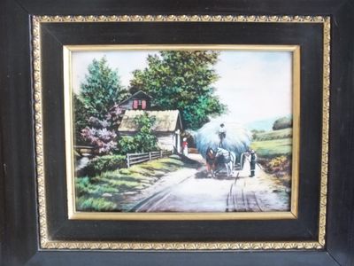 tableau représentant un cheval et une calèche sur une route de campagne, avec une maison en arrière-plan