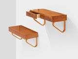 two wooden shelves with a drawer and a shelf with a drawer underneath them
