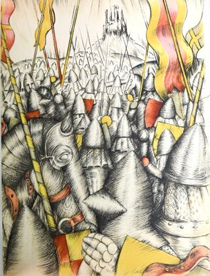 un dessin représentant un groupe de personnes tenant des drapeaux