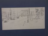 drawing of a harbor scene with boats and people in the water