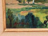 an image of a painting of a farm scene with a bird in the foreground and a house in the background