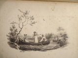 a drawing of a woman in a boat on the water