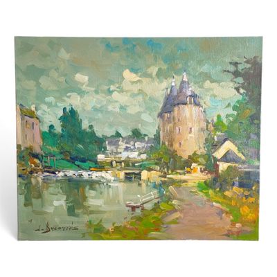 an impression of a painting of a castle by the water