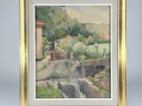 an oil painting of a landscape with a bridge over a stream
