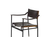 a black chair with a leather seat and armrest on a white background