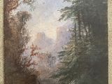 a painting of a wooded scene with a man on a horse drawn cart