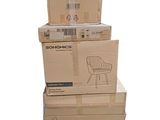 three boxes stacked on top of each other on a pallet