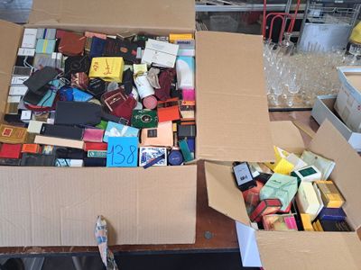 a box full of cell phones sitting on a table