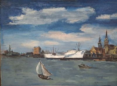 une peinture représentant un bateau sur l'eau, avec un voilier au premier plan