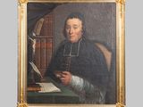 painting of a man in a black coat sitting at a table with a book
