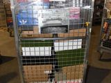 a metal cart with boxes on top of it in a warehouse