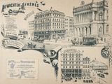 dessin représentant une vieille carte postale d'une ville avec des bâtiments et une calèche