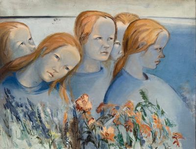 tableau représentant trois femmes avec des fleurs devant un plan d'eau