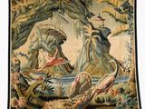 an image of a tapestry with birds and other animals in a forest