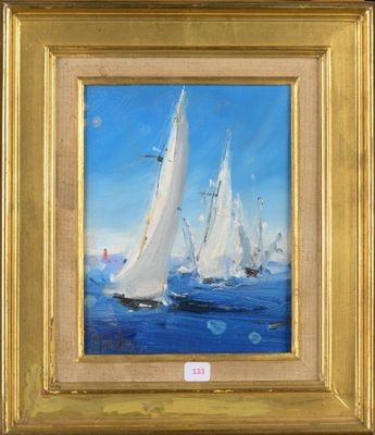 une peinture à l'huile représentant un groupe de voiliers naviguant sur l'océan