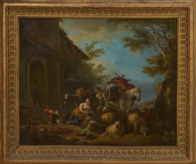 tableau représentant un groupe de personnes et d'animaux dans un décor boisé