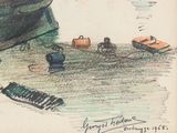 a drawing of a boat and other objects on the water