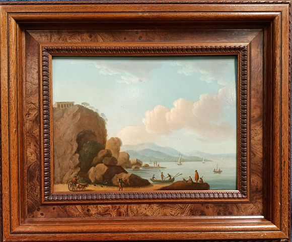 École XIXe « Paysage lacustre animé ». Huile sur panneau. Non sig