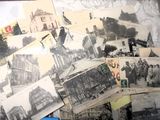 plusieurs vieilles photos en noir et blanc de personnes et de bâtiments sur une table