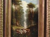 peinture représentant un paysage avec un troupeau de bovins dans une zone boisée