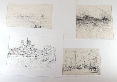 four drawings of a city and a boat on a body of water
