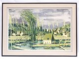 peinture représentant un paysage de village avec une rivière au premier plan et des arbres au premier plan