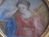 painting of a woman in a red dress holding a blue cloth