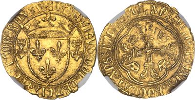 a gold coin with a coat of arms on it