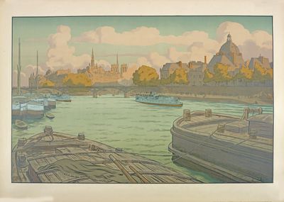 une image d'une peinture d'une ville au bord de l'eau