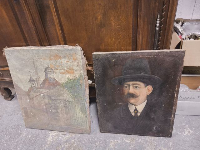 Lot de deux huiles sur toile, portrait et vue de village