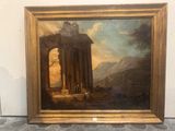 a painting of a landscape with ruins and people in the foreground